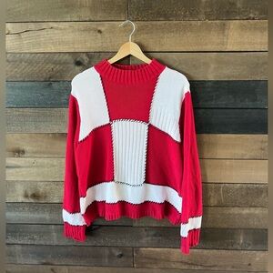 Vintage Liz Claiborne Lizsport Red White Patchwork Knit Sweater Cotton L